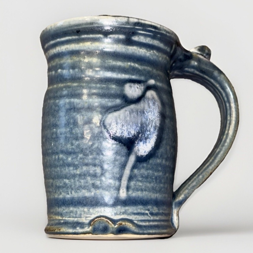 Hand Thrown Art Pottery Blue Drip Glaze Coffee Mug Cup Signed